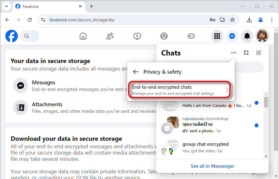 2. Click <b>End-to-end encrypted chats</b>.